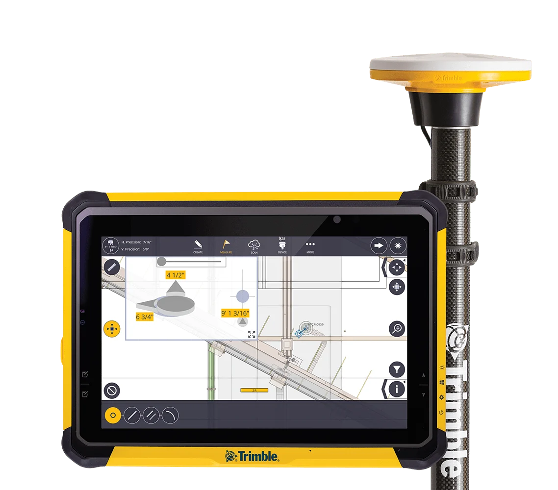 Trimble rugged tablet with GPS receiver displays construction plans.