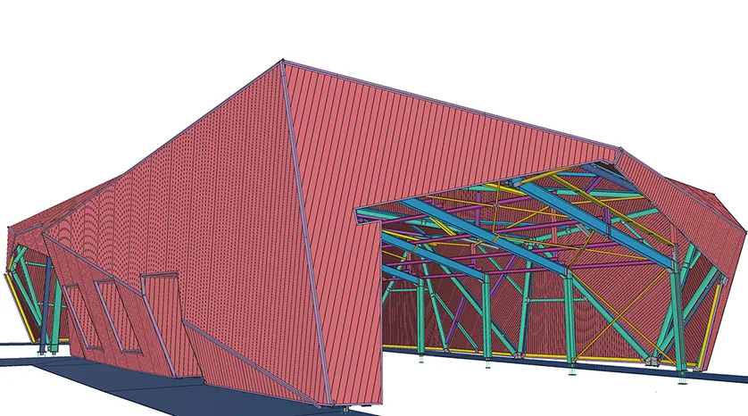 3D rendering of a modern architectural building with an exposed metal frame.