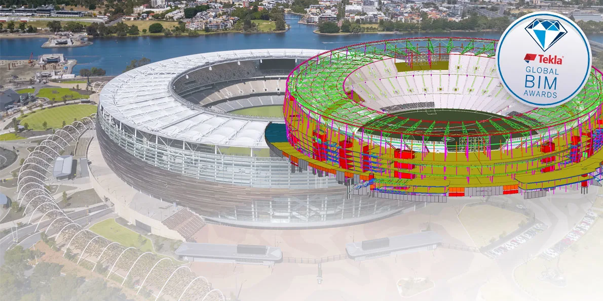A 3D BIM model of a stadium is shown next to a rendered image of the same stadium, with a Tekla Global BIM Awards logo in the upper right corner.