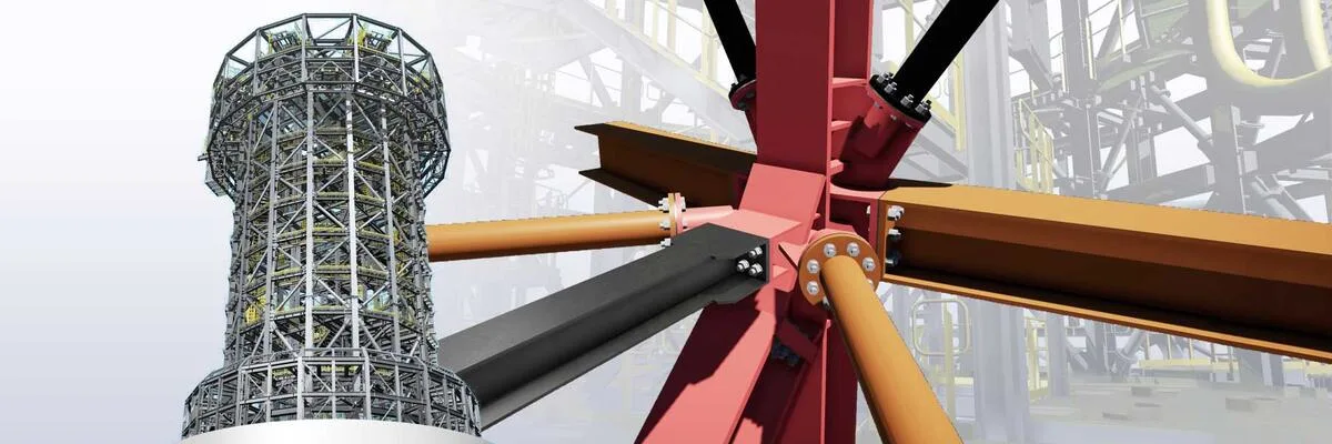 Render of a solar receiver tower and steel support beams.