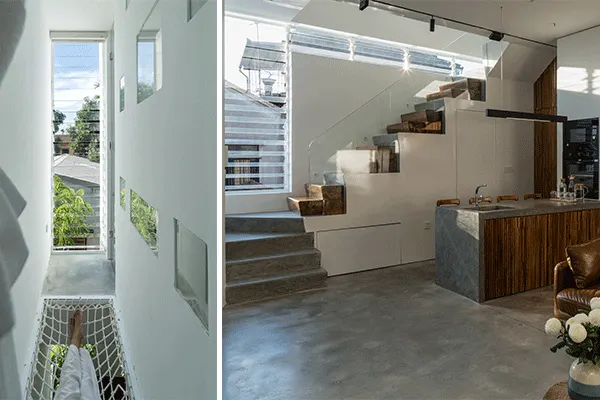 Folding-pattern walls block out harsh sunlight from streaming into the house. Glass-shutter windows are implemented at angles