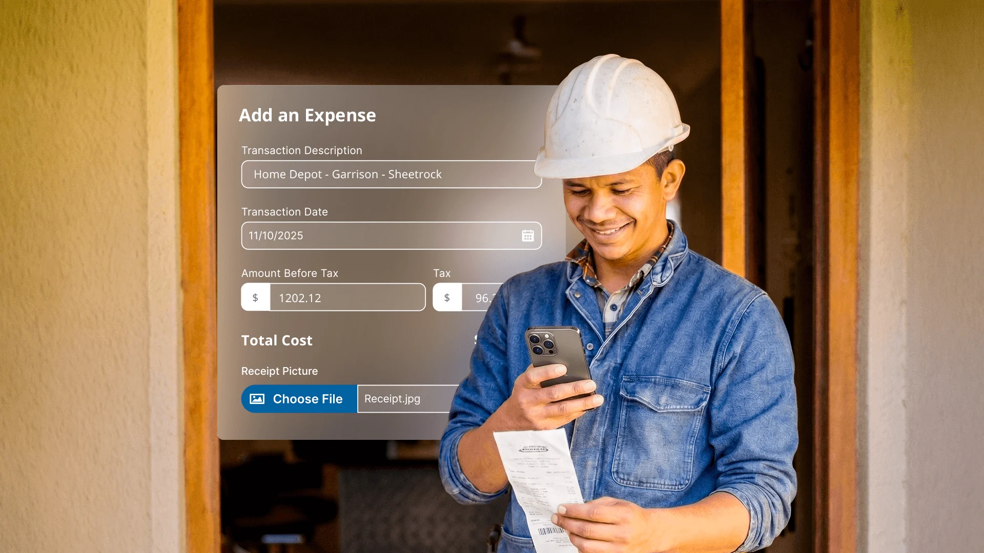 A smiling male worker in a hard hat holds a receipt and smartphone next to an expense form overlay.
