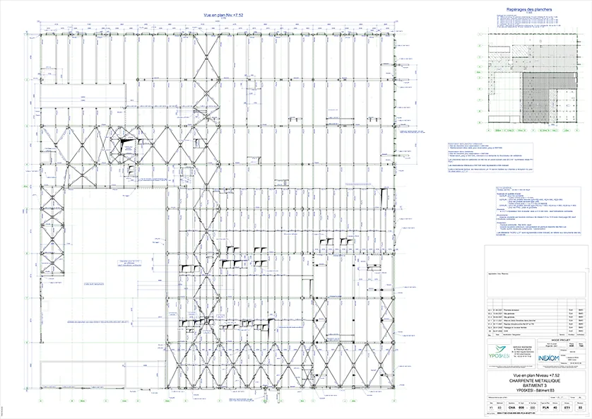 Architectural blueprint of a metal structure showing floor plan, bracing, and support beams.