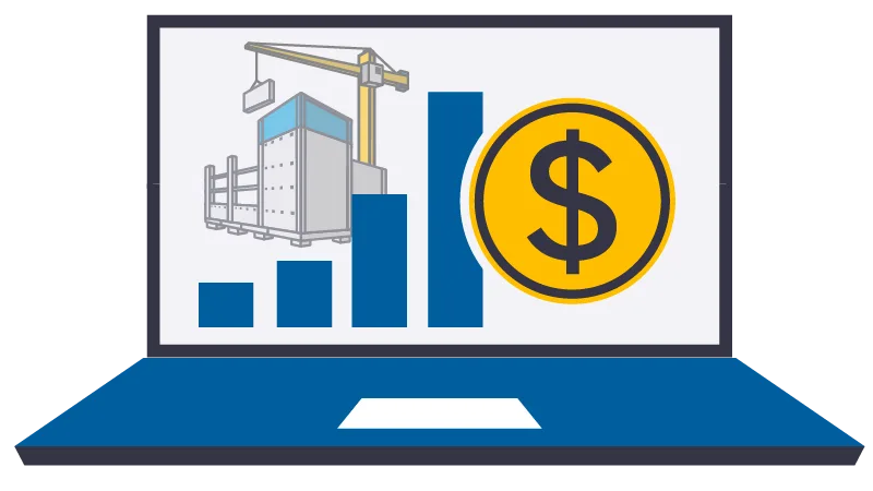 Illustration of a laptop screen displaying a bar graph with a construction crane, shipping container, and a dollar coin icon.