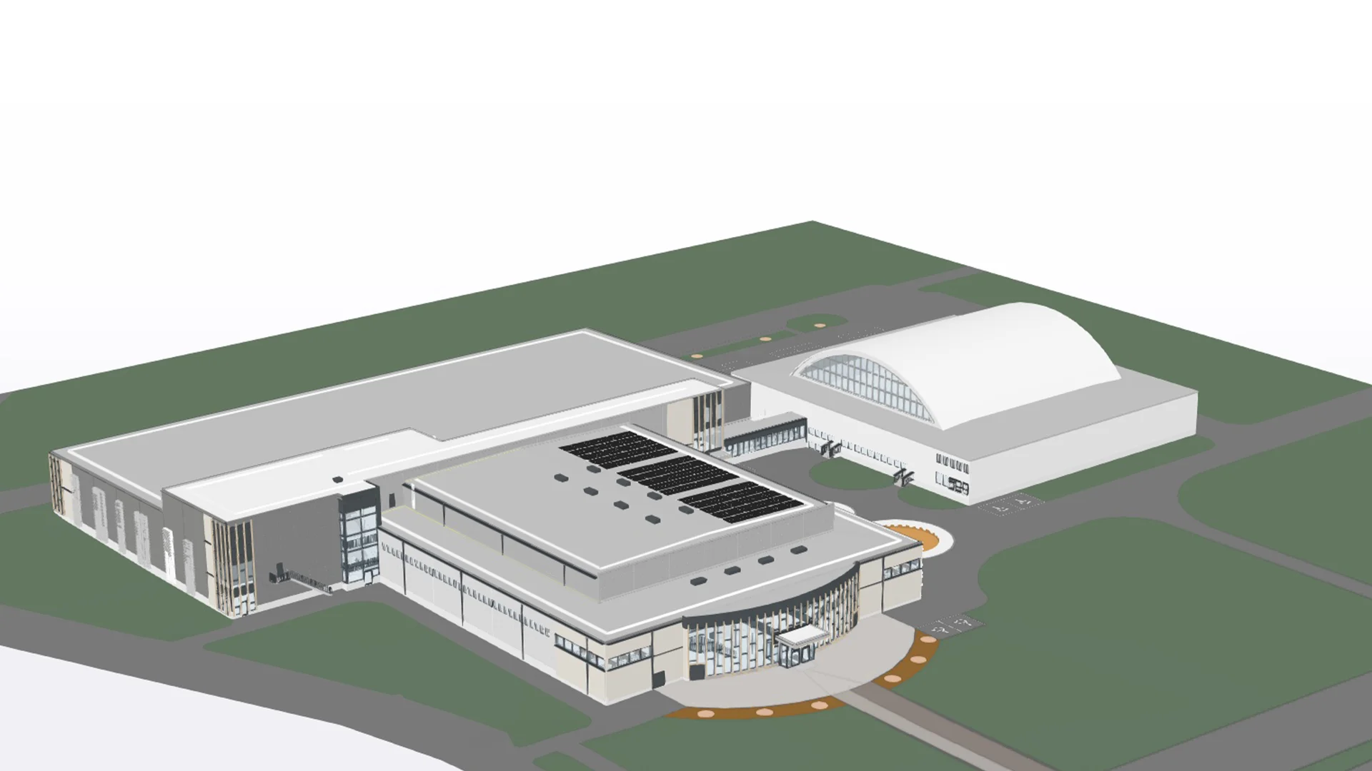 3D architectural rendering of a modern airport facility featuring multiple buildings, including a hangar with a domed roof, and solar panels.
