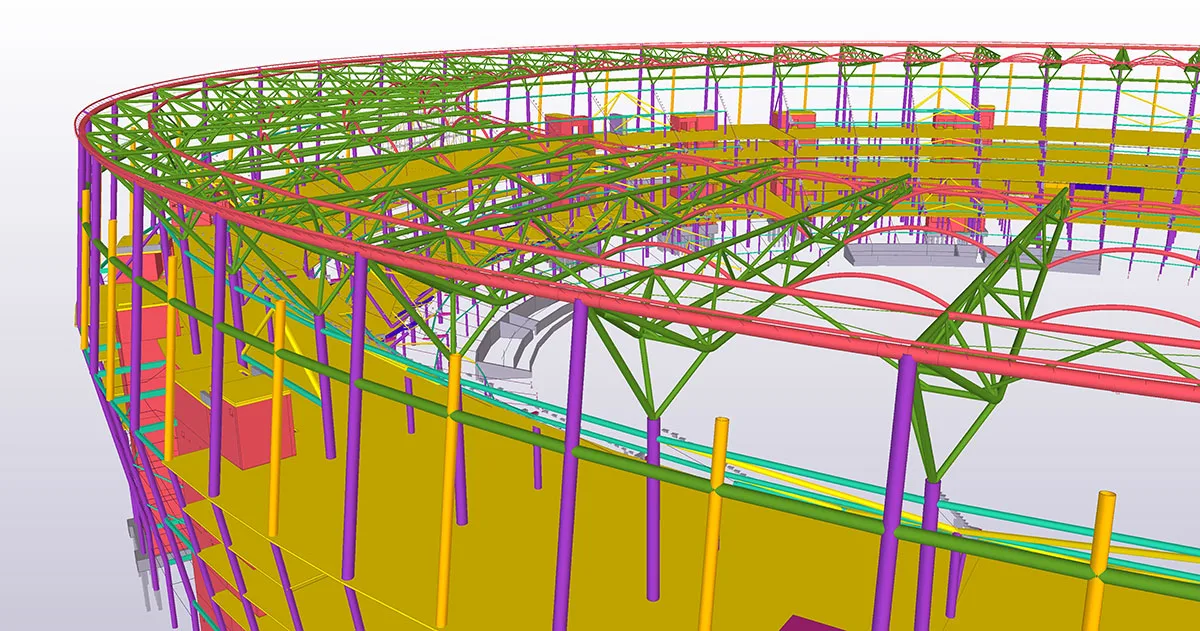 3D model of a stadium's steel structure in green, red, and purple, with yellow flooring.