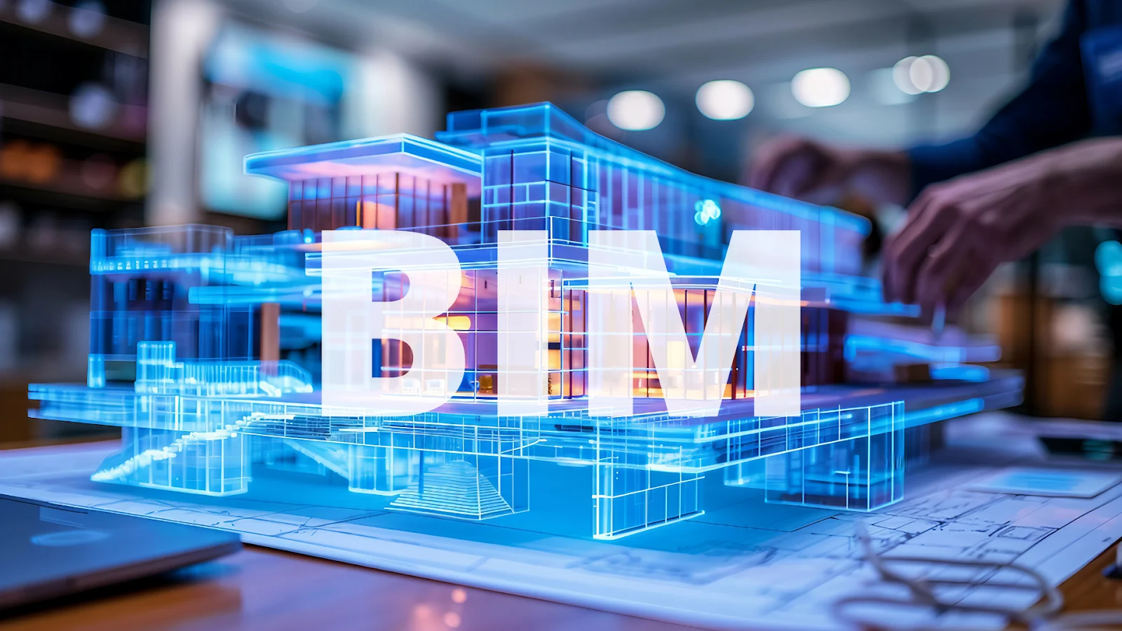 A 3D digital model of a building with the word BIM superimposed over it.