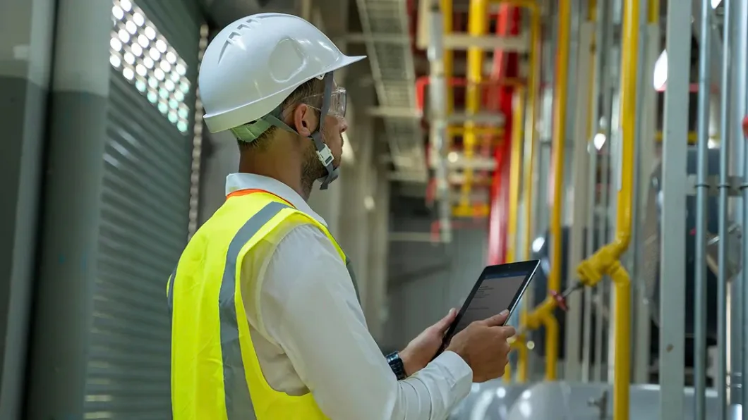 A person wearing a hardhat and safety vest inside an indoor area with industrial equipment and pipes inspects the area and makes notes on a tablet.