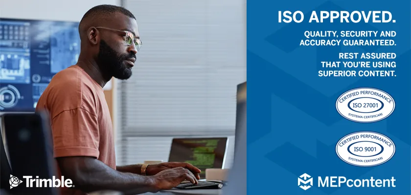 Man working on a laptop with ISO 9001 and ISO 27001 certifications displayed.
