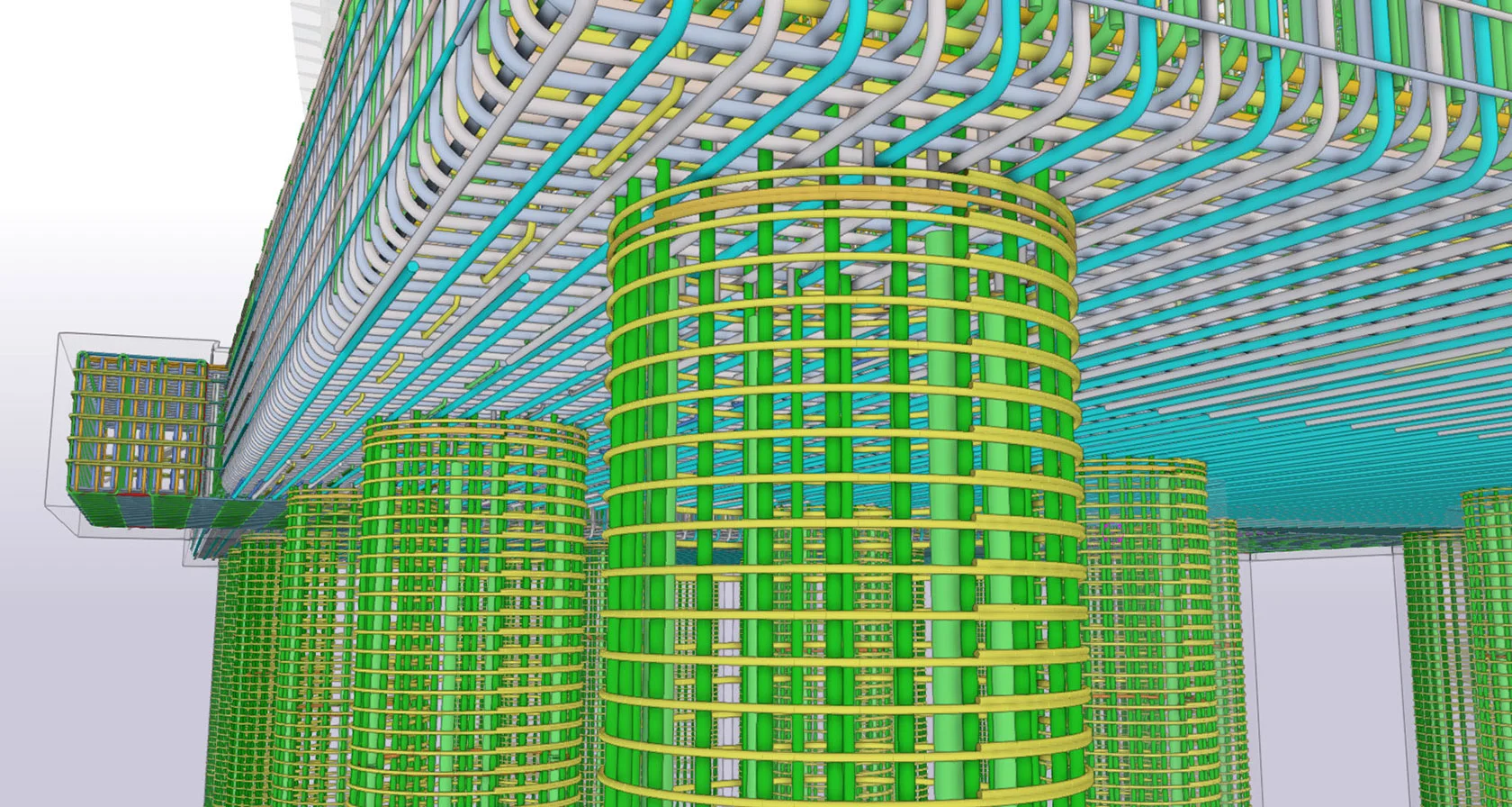 3D render of the complex rebar reinforcement structure for a bridge or overpass, showing circular columns and a flat deck structure.