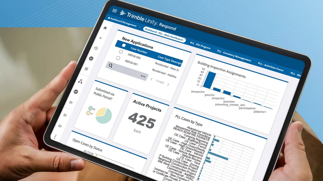 Hands holding a tablet displaying the Trimble Unity Respond mobile dashboard with data tables, metrics, and bar charts.