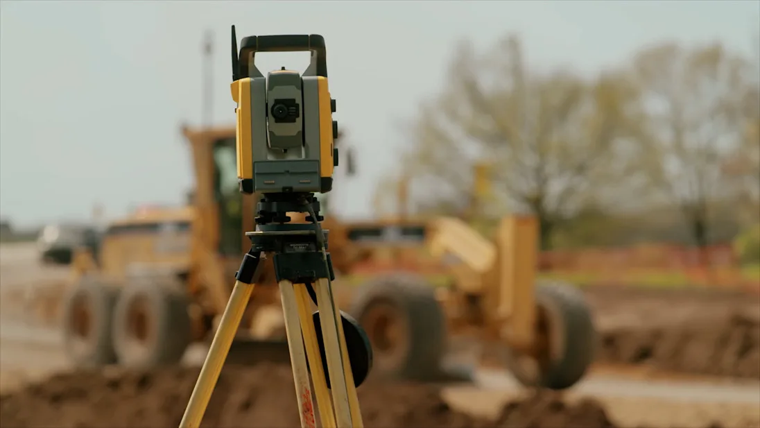 A surveying instrument on a tripod in front of a grader on a construction site.