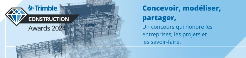 Trimble Construction Awards 2024 banner with a 3D architectural rendering and French text.