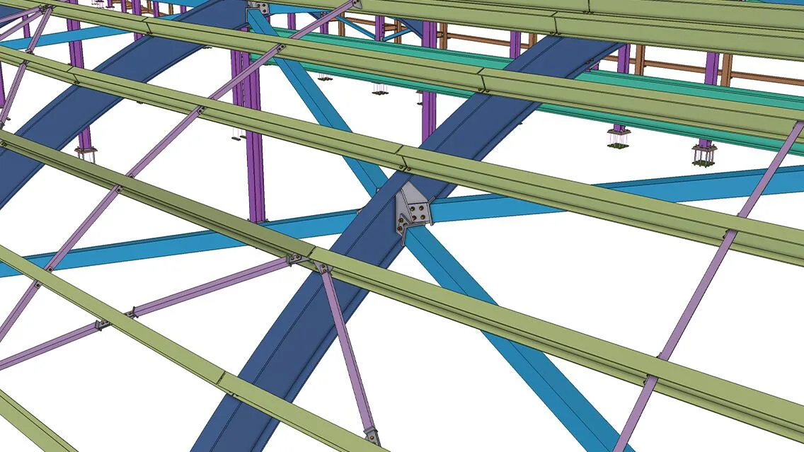 A 3D rendering of a complex steel structure, featuring blue, green, and purple beams connected by bolts and bracing.