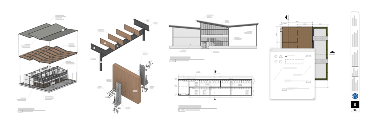 Montage of architectural drawings: exploded axon, facade detail, sections, and plan with annotations.