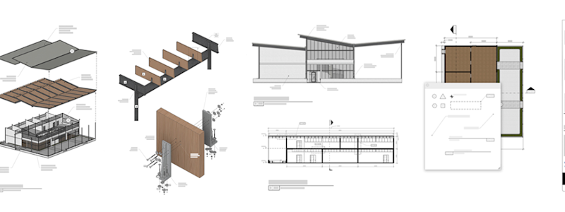 Montage of architectural drawings: exploded axon, facade detail, sections, and plan with annotations.