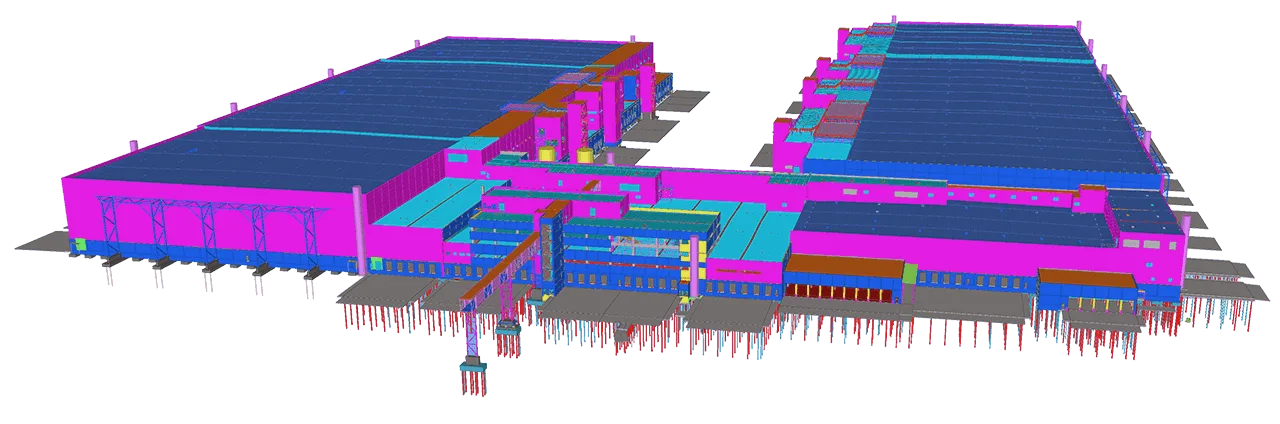 A colorful 3D rendering of a large, modern building with a dark background.