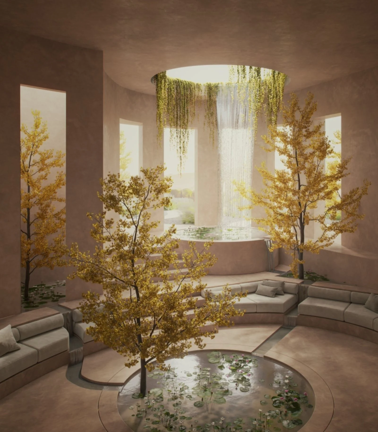 A serene interior with a waterfall, lush greenery, trees, and tranquil seating areas.