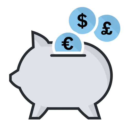A gray piggy bank with three coins going into its slot: a euro coin, a dollar coin, and a pound coin.
