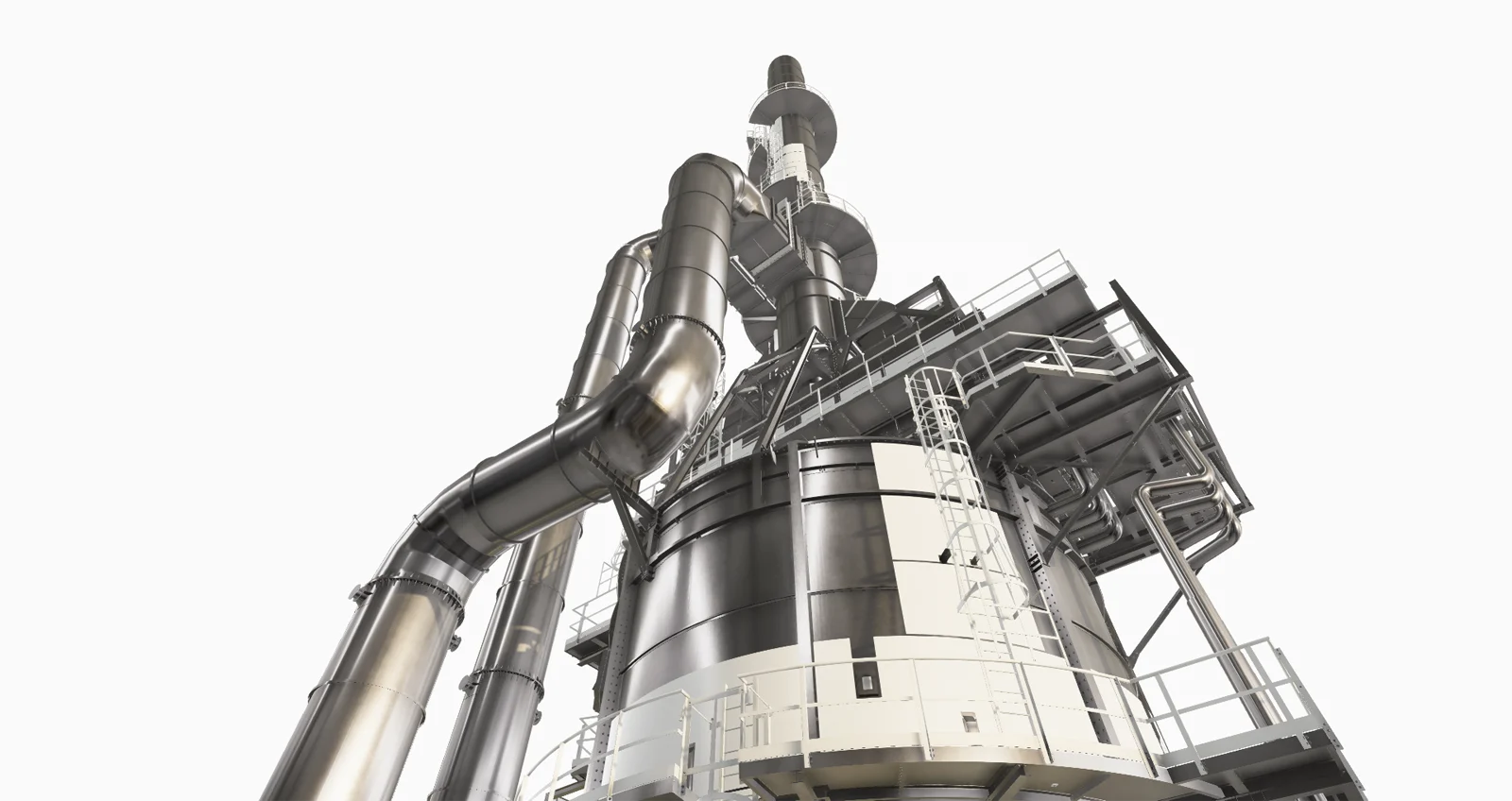A detailed architectural rendering of a large industrial facility with towering metal structures and intricate piping against a white background.