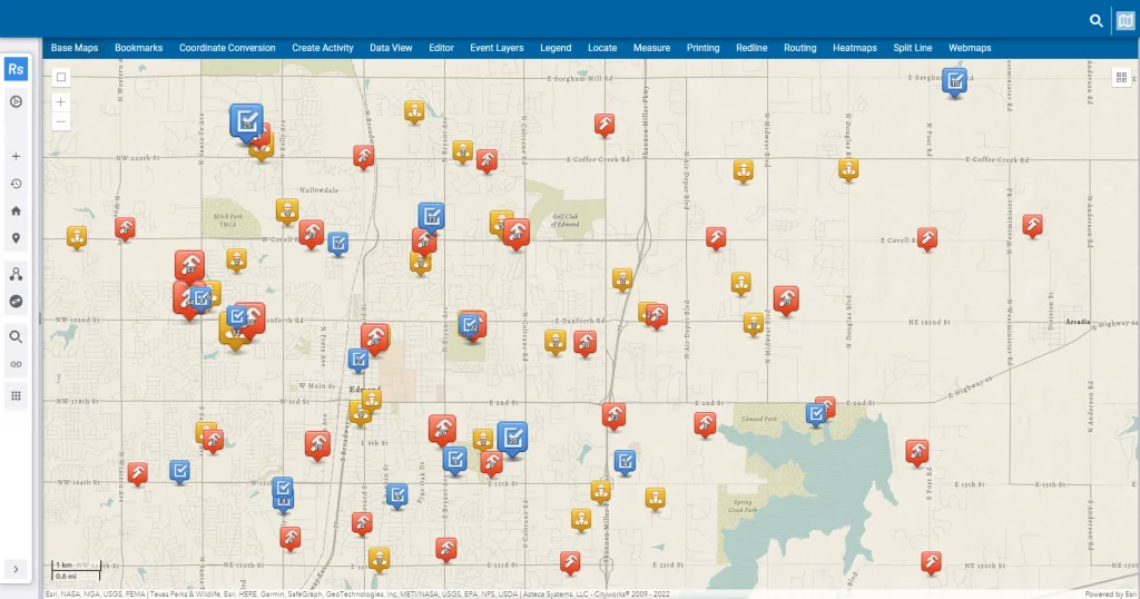 Map display with various location markers including red fire icons, yellow caution icons, and blue checkmark icons.