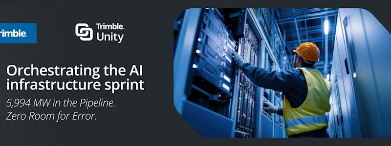 Trimble Unity banner: 'Orchestrating the AI infrastructure sprint.' Technician in a data center; 5,994 MW in the pipeline. Zero Room for Error.