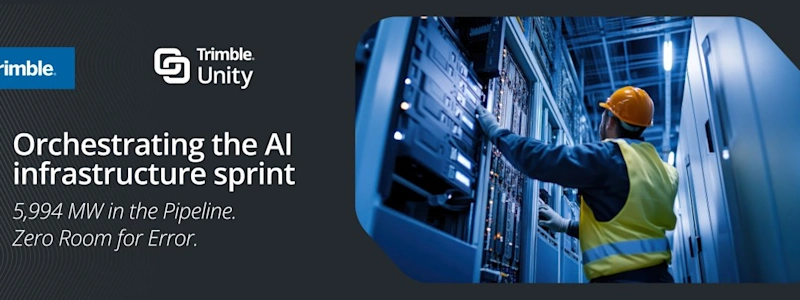Trimble Unity banner: 'Orchestrating the AI infrastructure sprint.' Technician in a data center; 5,994 MW in the pipeline. Zero Room for Error.