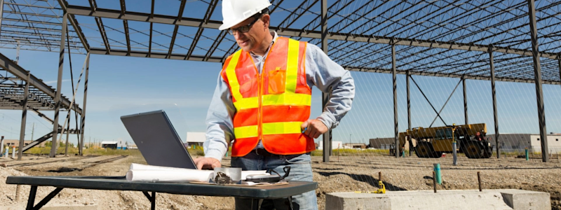Construction worker in safety gear using a laptop at a site with steel framework overhead