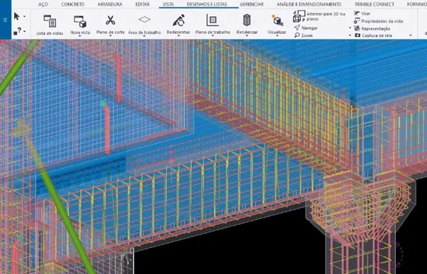 3D model of structural rebar and concrete beams in a building design software.