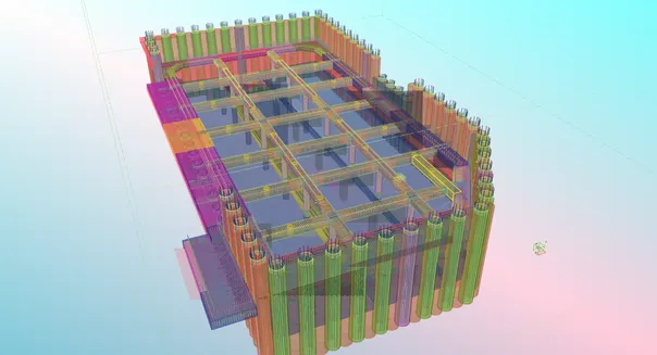 3D model of a foundation with a grid of pilings and structural beams.