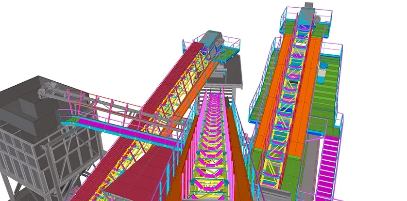 Tekla 3D rendering of a complex conveyor system with multiple belts and chutes.
