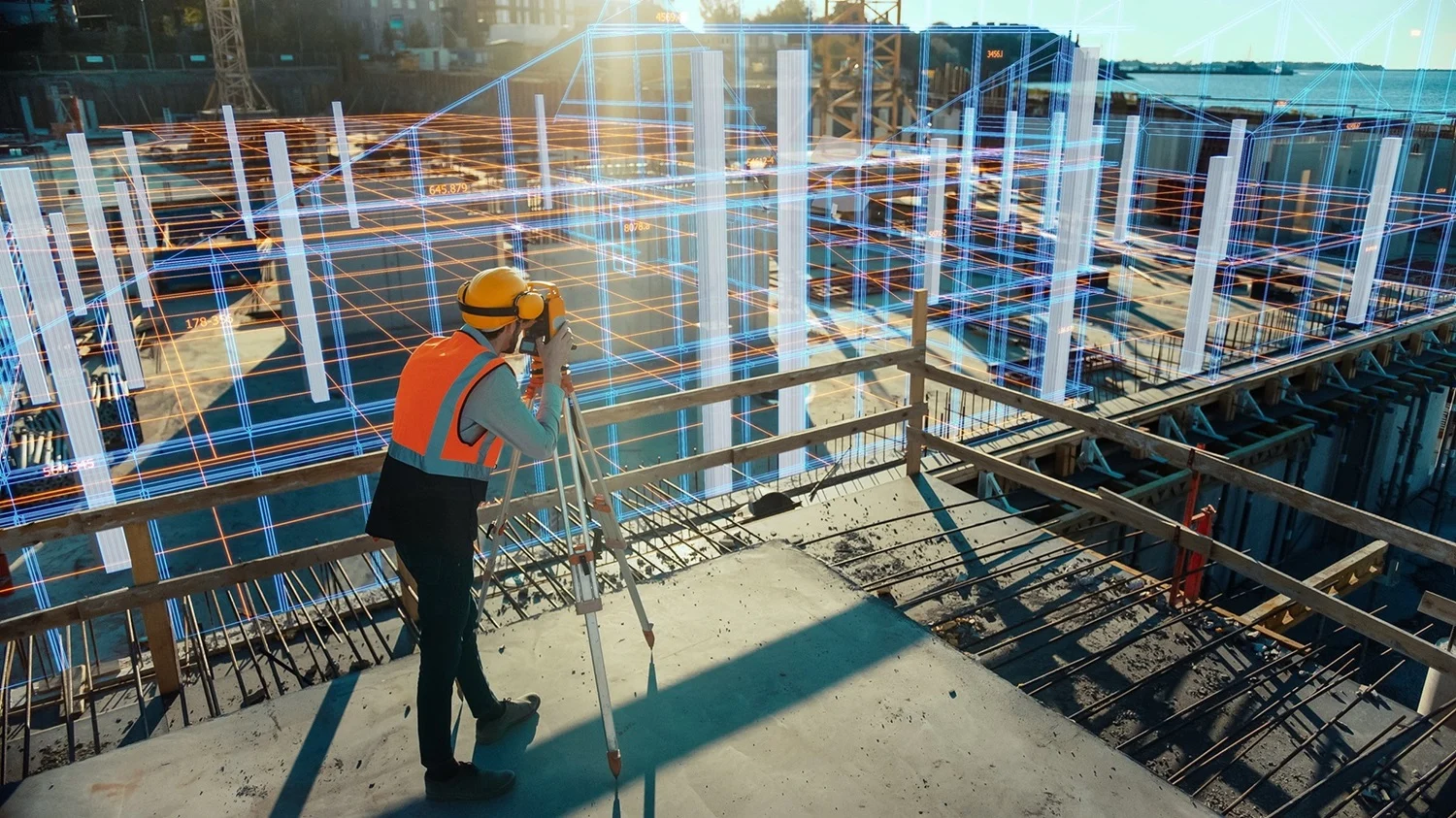 Construction worker using a surveyor's instrument with a digital blueprint overlay on a building site.