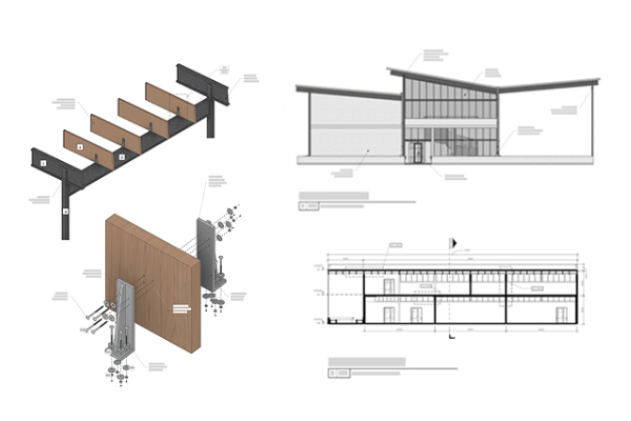 Montage of architectural drawings: exploded axon, facade detail, sections, and plan with annotations.
