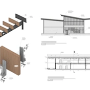 Montage of architectural drawings: exploded axon, facade detail, sections, and plan with annotations.