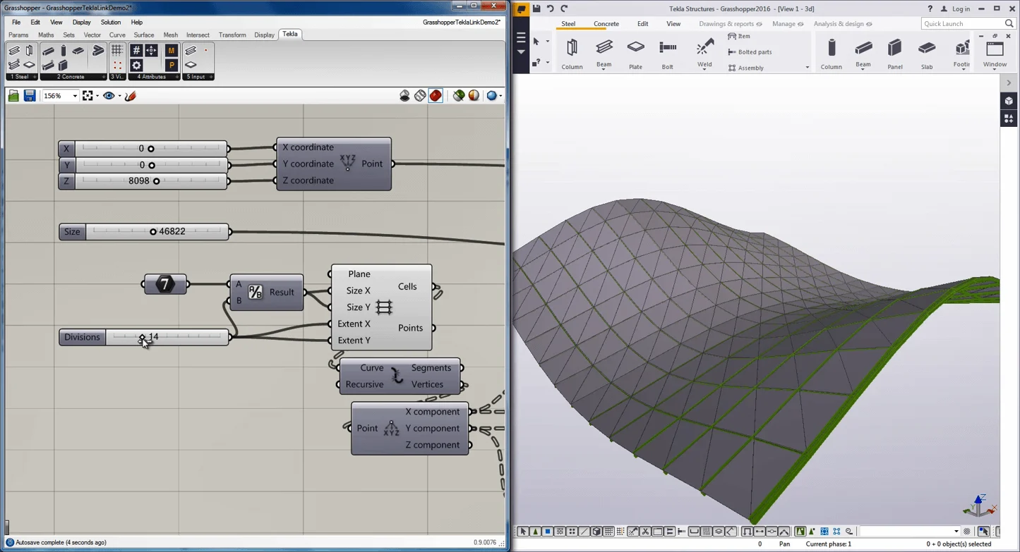 A computer screen displays the Grasshopper 2018 software on the left and a 3D model of a doubly curved roof on the right.