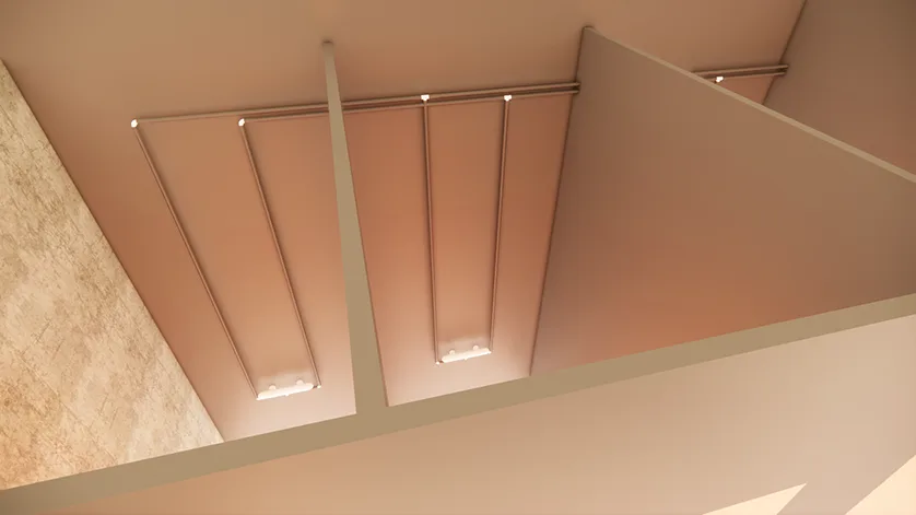 Modern ceiling design with recessed lighting and textured wall detail.