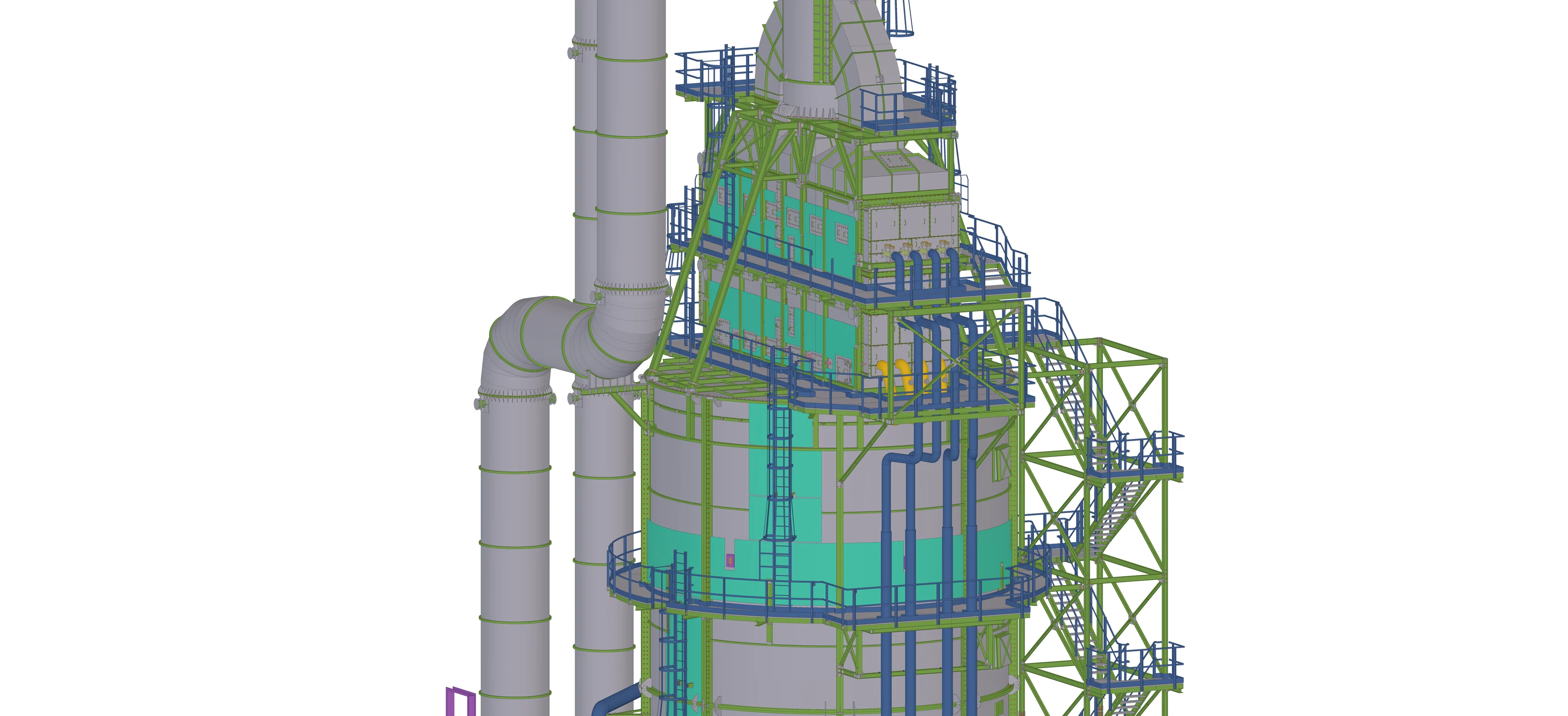 3D model of a large industrial processing tower with pipes and external walkways.