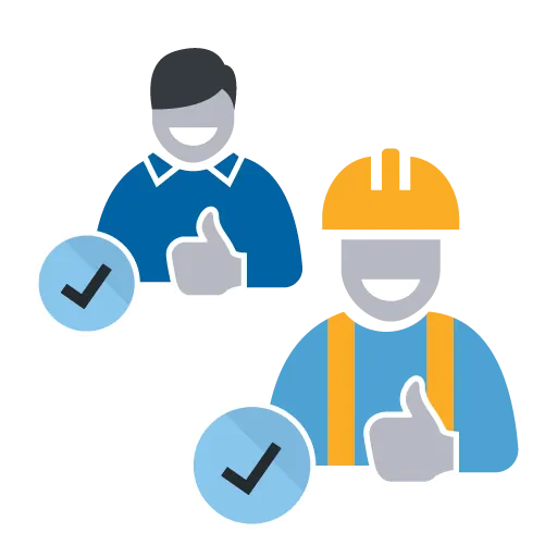 Two stylized figures, one in a blue shirt and another in a hard hat and blue overalls, each giving a thumbs up with a checkmark icon next to them.