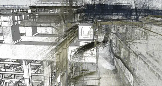 3D scan of a subway station under construction, showing beams, tracks, and station infrastructure.