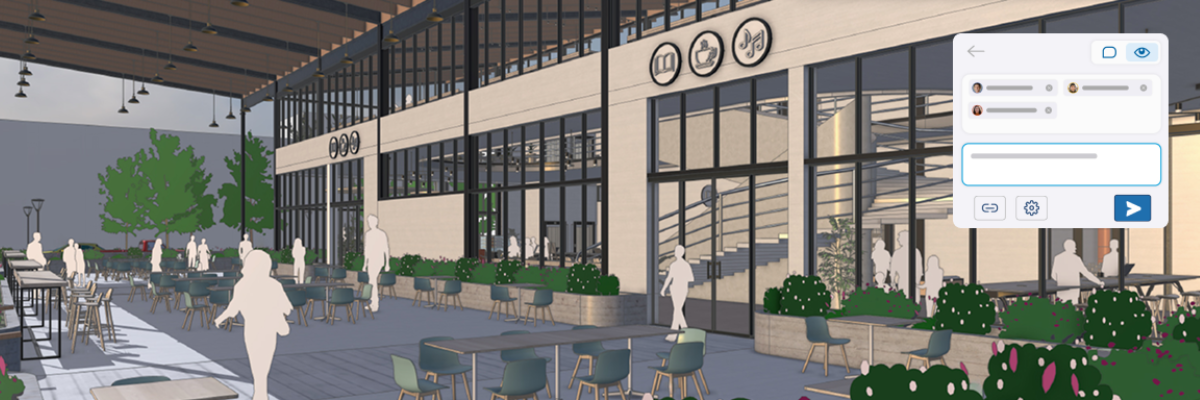 Architectural rendering of an outdoor café area with glass façade and chat interface overlay.