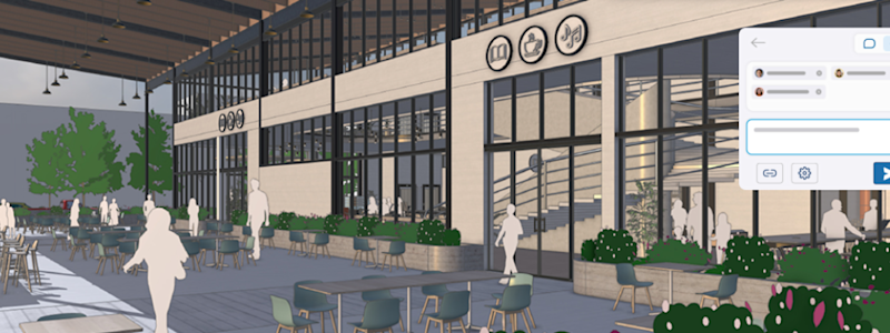 Architectural rendering of an outdoor café area with glass façade and chat interface overlay.