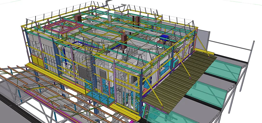 3D rendering of a complex industrial structure with various pipes, beams, and platforms in different colors.