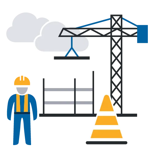 Illustration of a construction site with a crane, a worker, scaffolding, a traffic cone, and clouds.