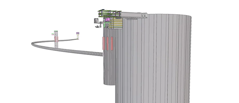 3D rendering of a large cylindrical structure with an attached, complex overhead structure and a curved tunnel leading away.