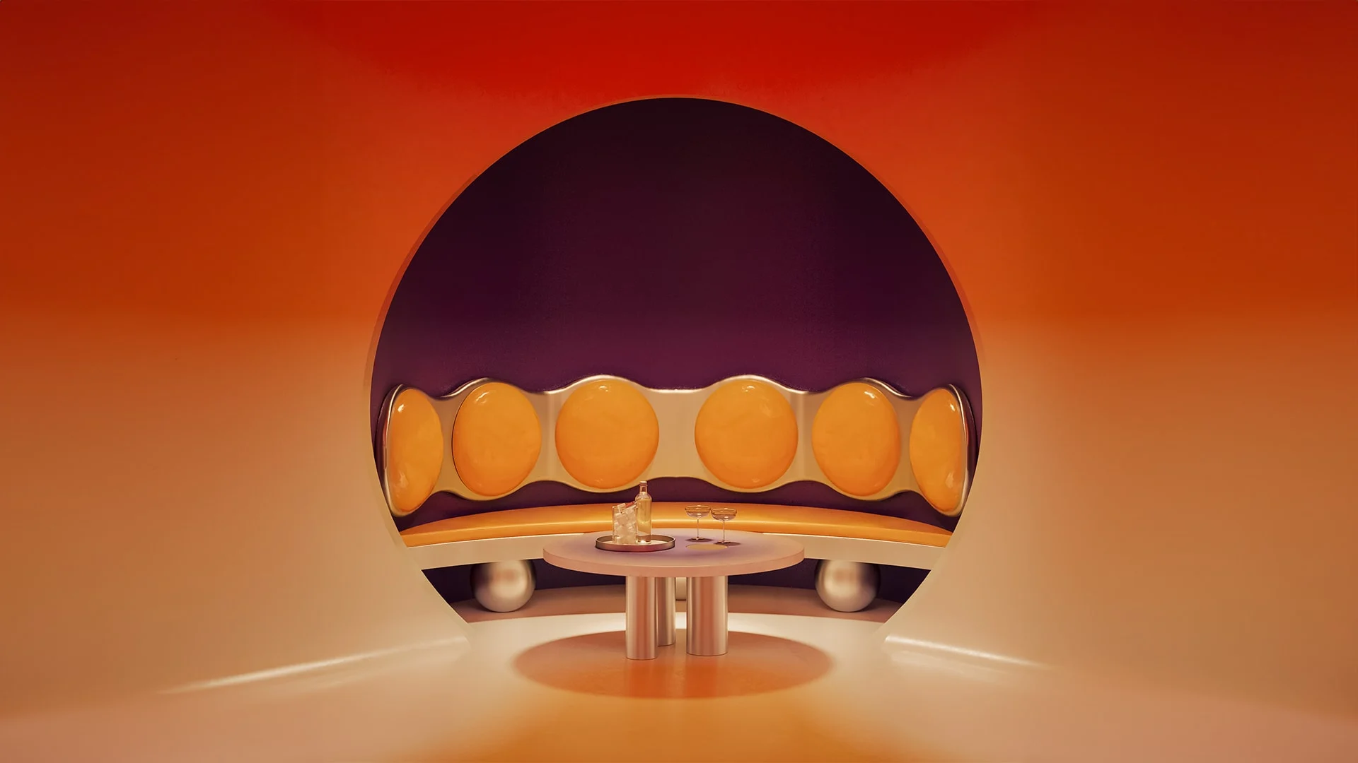 Render of alcove seating area in the 70s-themed bar, with gradient orange ombre walls, orange circular-shaped seating element