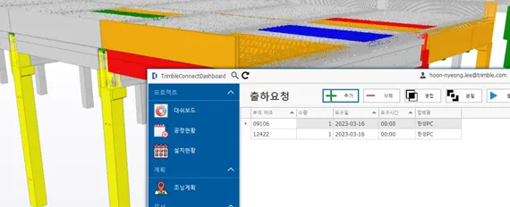 3D rendering of a construction project with a Trimble Connect dashboard overlay.