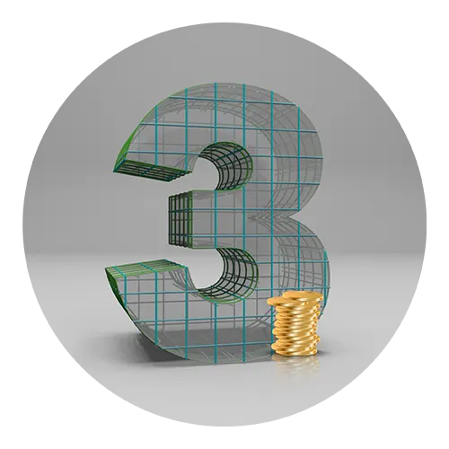 Circular infographic. A precast number 3 with a pile of gold coins in foreground