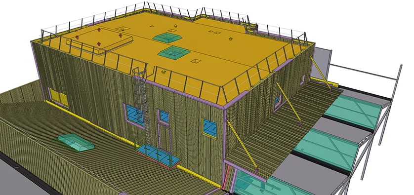3D model of a building under construction with wooden exterior walls, a yellow roof with skylights, and scaffolding.
