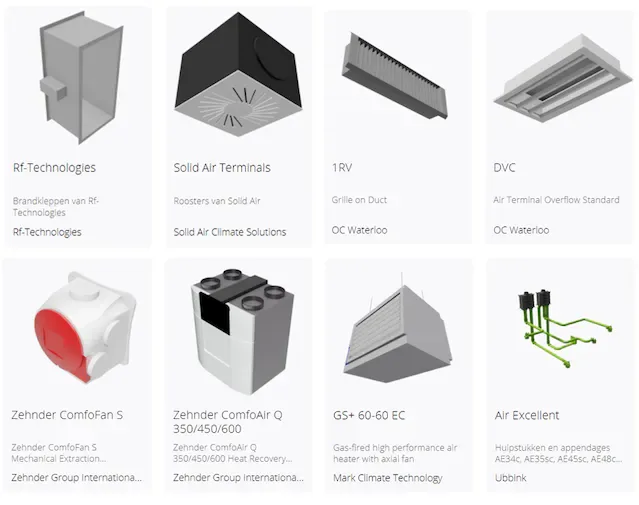 Grid of images showcasing various HVAC components including air terminals, diffusers, and ventilation units.