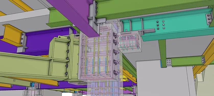 3D rendering of a steel structural beam and column connection, showcasing complex joining and reinforcement details.